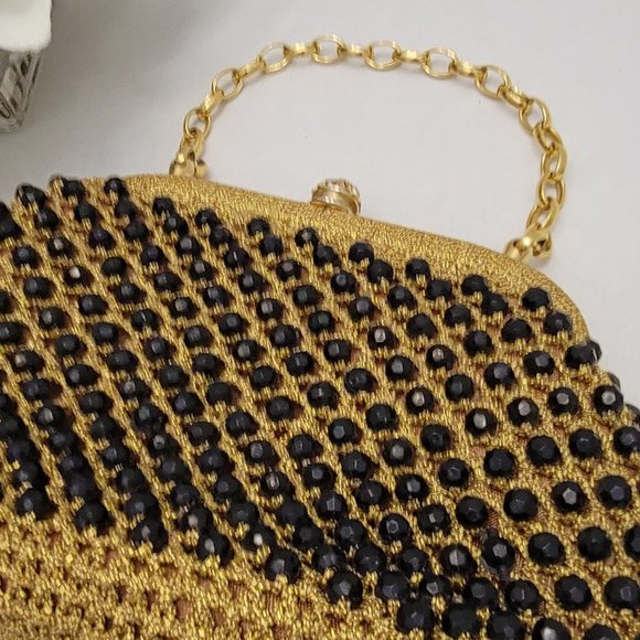 Vintage 50's Womens Gold Black Purse Bag Styled by Simon Italy Weave Beads Night - Picture 13 of 15